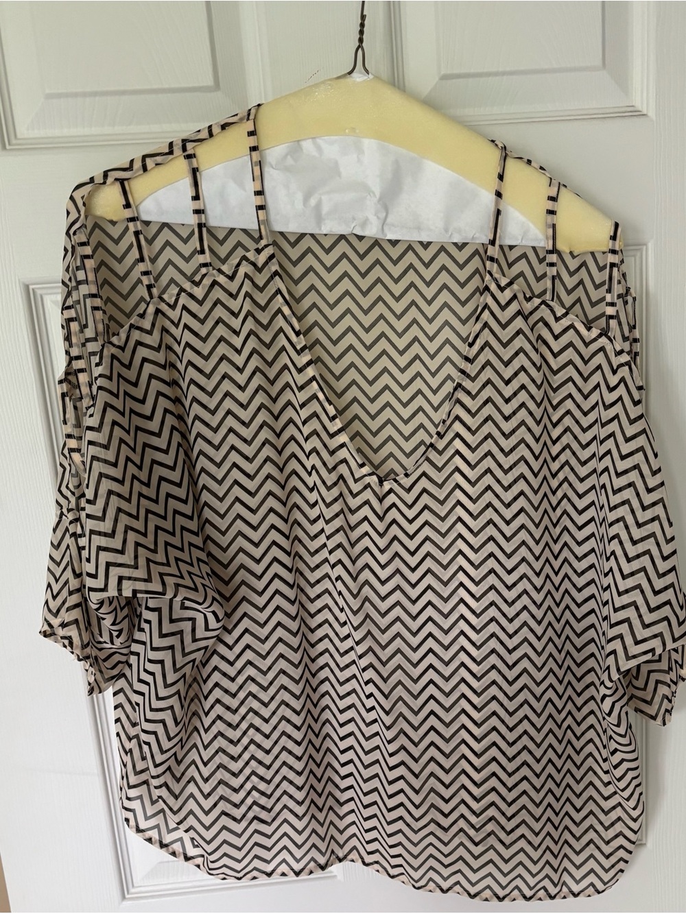 Liberty Love Beige and Black Chevron Cold-Shoulder Blouse